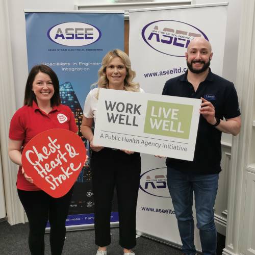 ASEE LTD Emma Mc Crudden Work Well Live Well Programme Manager at Northern Ireland Chest Heart Stroke with Heather Mc Cracken HR Manager and Alastair Chambers Marketing Manager at ASEE Ltd w