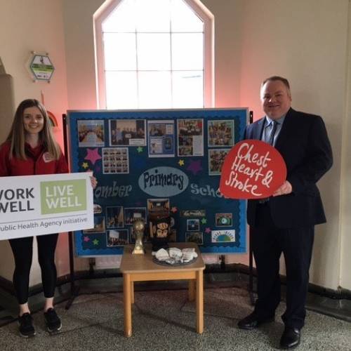 COMBER PS Rebecca Hawkins Workplace Health and Wellbeing Co ordinator at Northern Ireland Chest Heart Stroke with Matthew Skimin Vice Principal at Comber Primary School